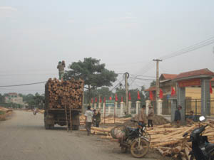 Việc tập kết và bốc xếp gỗ lấn chiếm lòng, lề đường trên QL12B diễn ra thường xuyên ở khu vực trụ sở UBND xã Thượng Cốc (Lạc Sơn).