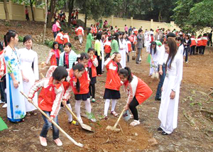 Đội viên liên đội Trần Quốc Toản tham gia trồng cây bảo vệ môi trường tại chi trường Tân Thịnh (TPHB).