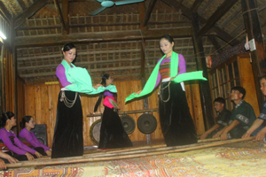 Điệu múa sạp truyền thống của người Thái Mai Châu được các đội văn nghệ bảo tồn và phát triển, phục vụ khách du lịch.

