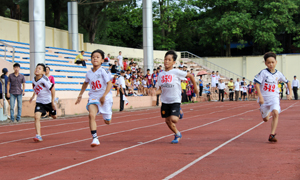 Vận động viên các trường tiểu học thi đấu nội dung chạy 100m.