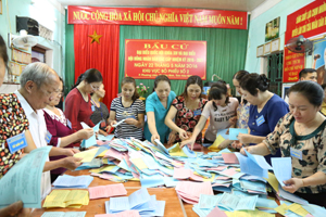 Tổ bầu cử số 2, phường Phương Lâm, thành phố Hòa Bình tiến hành kiểm phiếu sau khi kết thúc bỏ phiếu theo đúng quy định.