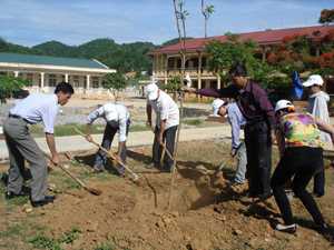 Trong khuôn khổ chương trình, lãnh đạo UBND huyện Cao Phong tham gia trồng cây xanh tại trường THCS xã Nam Phong, huyện Cao Phong.