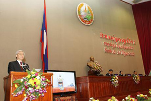 Tổng Bí thư, Chủ tịch Quốc hội Nguyễn Phú Trọng phát biểu ý kiến tại Kỳ họp thứ nhất, Quốc hội Lào khóa VII