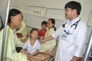 Bác sĩ khoa Nhi (Bệnh viện Đa khoa tỉnh) thăm khám cho bệnh nhi Dương Yến Quỳnh, xã Trường Sơn (Lương Sơn).

