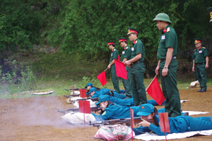 Lực lượng dân quân tự vệ huyện Mai Châu kiểm tra khoa mục bắn đạn thật súng trường CKC .  

