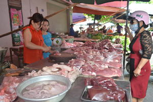 Người tiêu dùng chỉ nên mua thịt lợn đã được cơ quan thú y kiểm dịch và đóng dấu trên thân thịt. Ảnh chụp tại chợ Phương Lâm (cũ), TPHB.