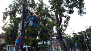 Công nhân Công ty chiếu sáng Hà Nội khôi phục mạng lưới đèn đường trên phố Quang Trung.