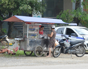 Một xe đẩy bán thức ăn nhanh trên đường Lê Thánh Tông (TP Hoà Bình).