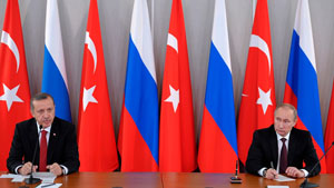Tổng thống Thổ Nhĩ Kỳ Recep Tayyip Erdogan (trái) và người đồng cấp Nga Vladimir Putin. (Ảnh: RIA Novosti/Reuters)