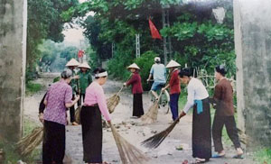Người cao tuổi thôn Đồng Làng, xã Đồng Tâm (Lạc Thủy)  tham gia vệ sinh đường làng, ngõ xóm  nhằm giữ gìn và bảo vệ môi trường.