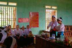 Cán bộ  y tế thôn bản xã Liên Vũ (Lạc Sơn) tiến hành buổi thực hành dinh dưỡng cho các bà mẹ có con dưới 5 tuổi và phụ nữa mang thai