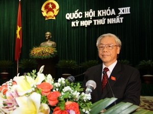 Chủ tịch Quốc hội khóa XII Nguyễn Phú Trọng đọc diễn văn khai mạc kỳ họp. (Ảnh: Trí Dũng/TTXVN).