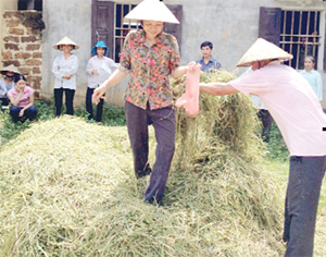 Nông dân xã Vĩnh Đồng (Kim Bôi) thực hành chế biến phân bón hữu cơ từ rơm, rạ.