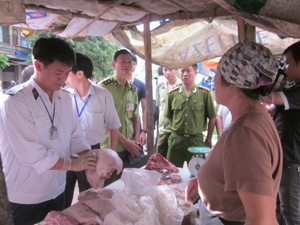 Ban chỉ đạo 127/ĐP thành phố Hòa Bình đã kiểm tra 15 hộ giết mổ, kinh doanh sản phẩm thịt lợn tại các chợ Chăm Mát, Thái Bình, Thống Kê.