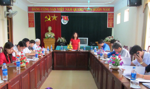 Đồng chí Hoàng Thị Chiển, Trưởng Ban Dân vận Tỉnh ủy phát biểu tại buổi làm việc với lãnh đạo Tỉnh Đoàn.