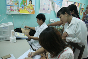 Cán bộ Trung tâm DS-KHHGĐ huyện phối hợp với Trạm y tế thị trấn Lương Sơn tổ chức hưởng ứng Chiến dịch CSSKSS/KHHGĐ nhân ngày Dân số thế giới.