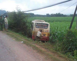 Hiện trường chiếc xe buýt lao xuống ruộng mía tại khu vực xóm Bảm, xã Tây Phong (Cao Phong).

