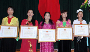 Chị Đỗ Thị Phượng (thứ 2 từ trái sang) nhận bằng khen của UBND tỉnh tại hội nghị điển hình tiên tiến phụ nữ toàn tỉnh năm 2015.