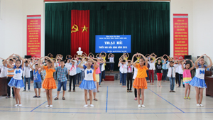 Các em học sinh của Trung tâm hoạt động TTN nhảy dân vũ tập thể trong chương trình khai mạc trại hè 2015. 
