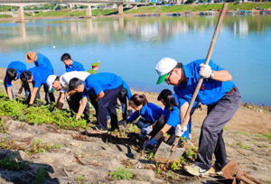 Các đại biểu tham gia phát quang bụi rậm, dọn vệ sinh dọc bờ kè Sông Đà.