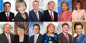 12 ứng viên tham gia tranh cử chức Tổng Thư ký LHQ(Tổng Giám đốc UNESCO, bà Irina Bokova - thứ 2 từ trái sang; ông Antonio Guterres - ngoài cùng, hàng dưới)