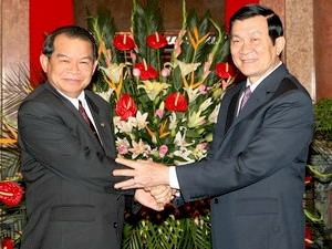 Chủ tịch nước Trương Tấn Sang tiếp Bí thư Trung ương Đảng,
 Bí thư Thành ủy Viêng Chăn Xu-căn Ma-hả-lạt 
(Ảnh: Nguyễn Khang/TTXVN).
