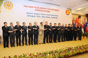 Bộ trưởng Kinh tế các nước ASEAN và đối tác tại Hội nghị tham vấn ở Cam-pu-chia.