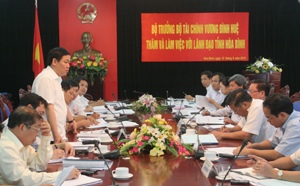 Bộ trưởng Bộ Tài chính Vương Đình Huệ phát biểu tại buổi làm việc với lãnh đạo tỉnh ta.
