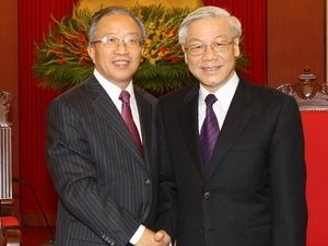 Tổng Bí thư Nguyễn Phú Trọng tiếp Ủy viên Quốc vụ Trung Quốc Đới Bỉnh Quốc. (Ảnh: Trí Dũng/TTXVN)