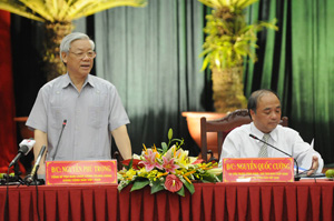 Tổng Bí thư Nguyễn Phú Trọng phát biểu tại buổi làm việc. Ảnh Đàm Huy. 

