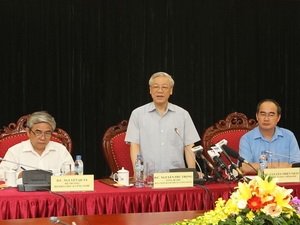 Tổng Bí thư Nguyễn Phú Trọng phát biểu tại buổi làm việc. (Ảnh: Trí Dũng/TTXVN).