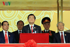 Chủ tịch nước Trương Tấn Sang đọc diễn văn tại Lễ kỷ niệm 70 năm Cách mạng Tháng Tám và Quốc khánh 2/9 (Ảnh: DL).