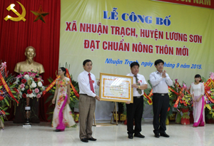 Thay mặt lãnh đạo tỉnh, đồng chí Nguyễn Văn Dũng, Phó Chủ tịch UBND tỉnh trao Bằng công nhận xã đạt chuẩn NTM cho xã Nhuận Trạch.