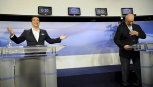 Ông Alexis Tsipras (trái) và ông Vangelis Meimarakis trong cuộc tranh luận trên kênh truyền hình quốc gia, ngày 14-9. (Ảnh: Reuters).