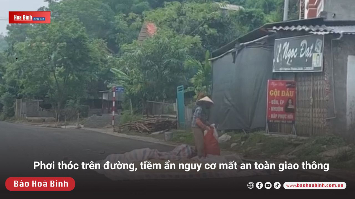 Phơi thóc trên đường, tiềm ẩn nguy cơ mất an toàn giao thông